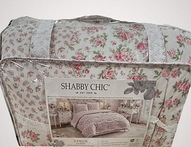 Shabby Chic Floral Pink & White Cotton Gauze Queen Comforter Set with Lace Trim