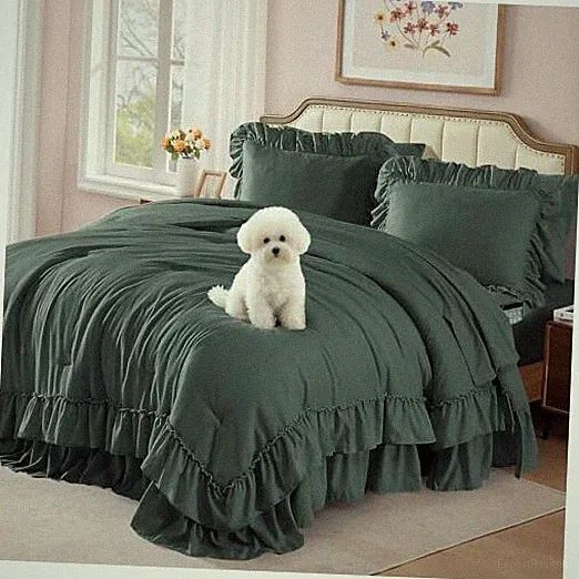 Size Comforter Set Ruffle Shabby Chic Bedding Set Farmhouse King Forest Green