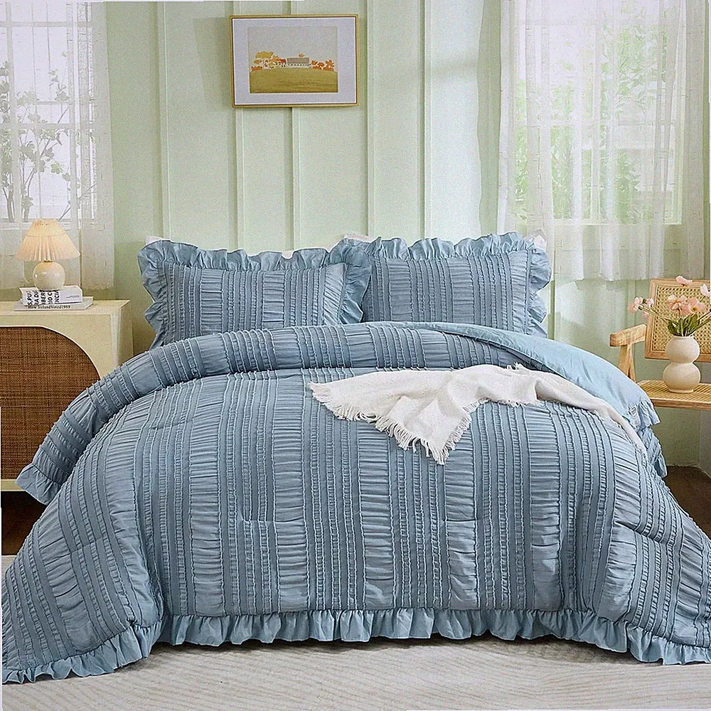 WONGS BEDDING Ruffle Farmhouse Shabby Chic Boho Comforter Sets King Queen Soft